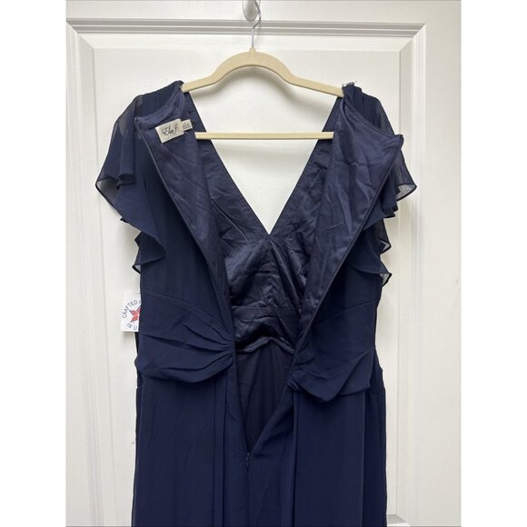 Eliza J Size 14 Navy Twist Waist Chiffon Flutter Sleeve Beaded V-Neck Dress - Picture 8 of 11